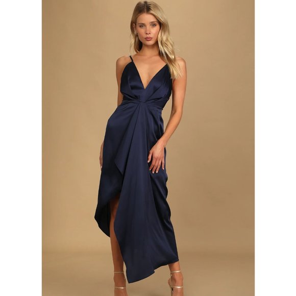 NWT Lulu's Caught Feelings Navy Blue Satin Ruffled Midi Dress - Navy - Size XS - Picture 1 of 12